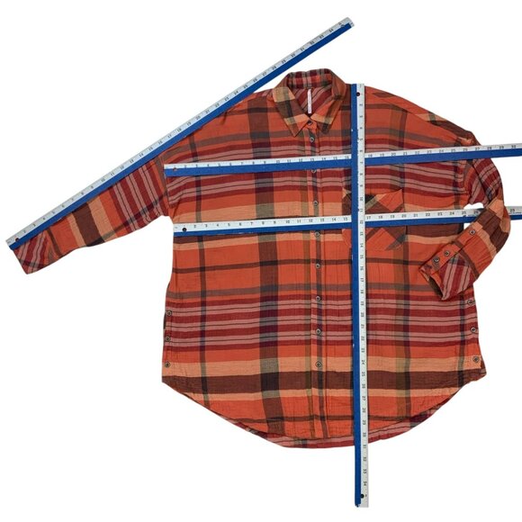 Free People Year Round Buttondown Shirt XS Orange Plaid Oversized Fall Fashion - Picture 5 of 14